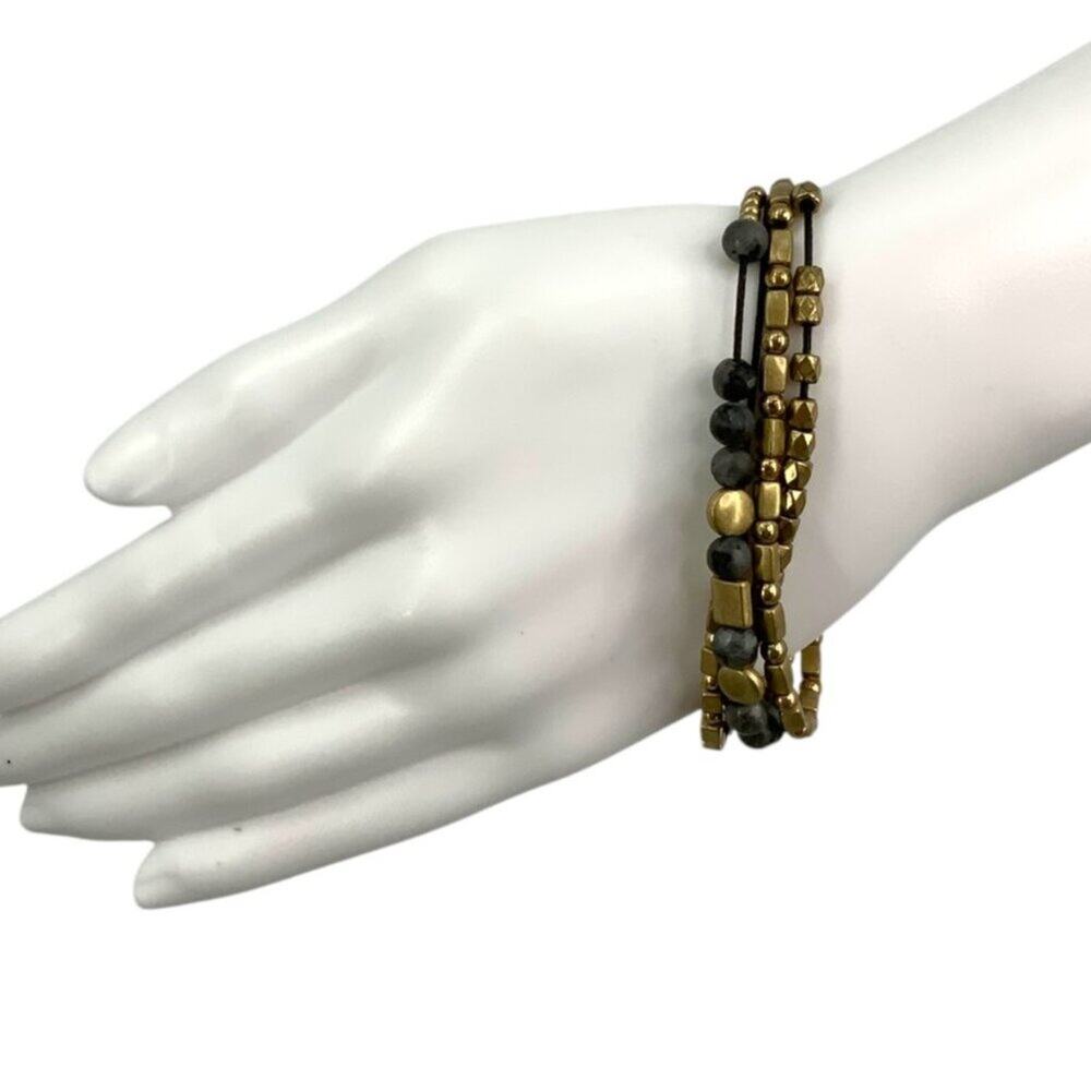 Vintage 4 Strand Layered Beaded Bracelet Black Brushed Gold Tone - Picture 1 of 5
